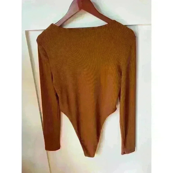 Shein Brown Ribbed Cut Out High Rise Bodysuit, L - Picture 6 of 6